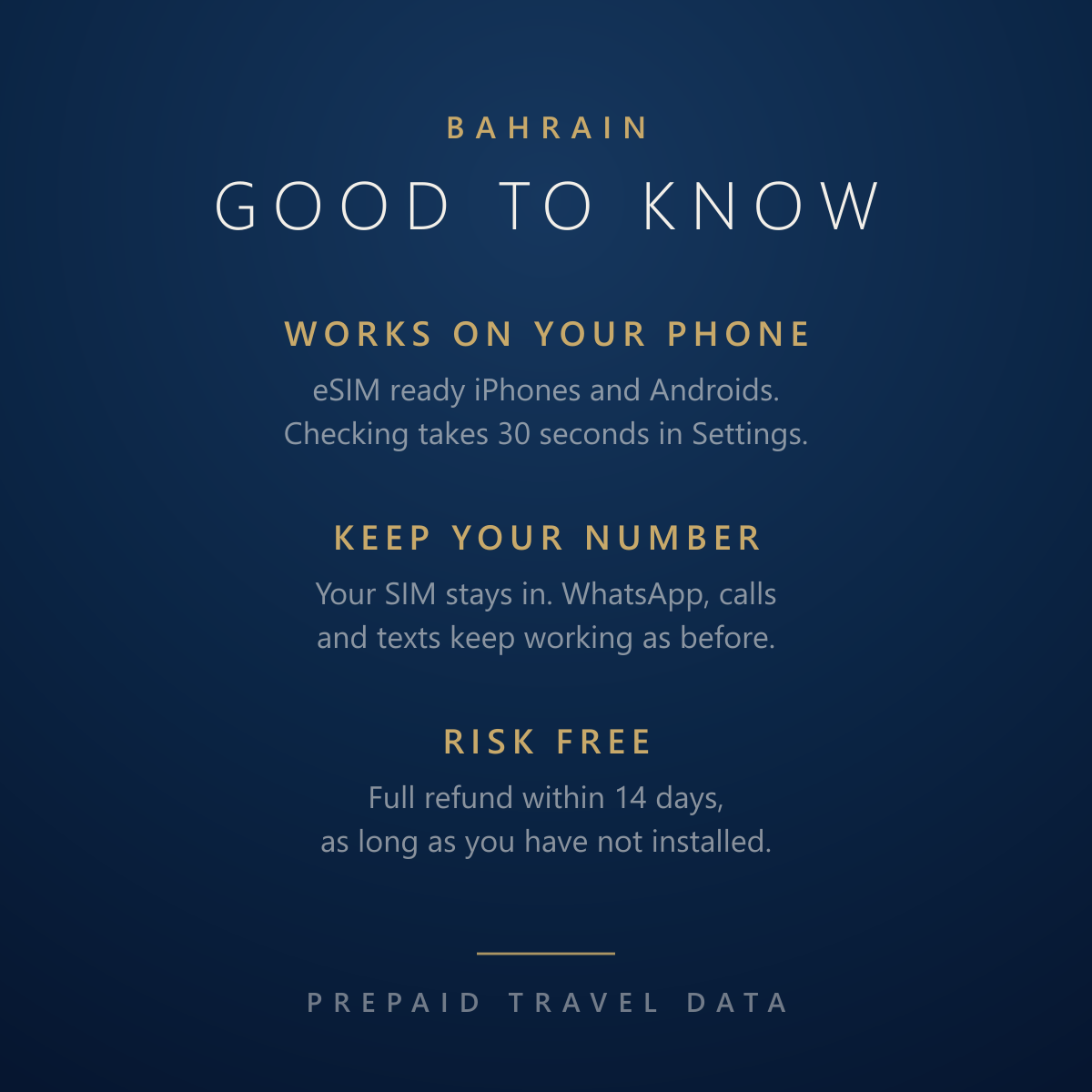 Bahrain eSIM, prepaid travel data plan, compatibility and refund info card