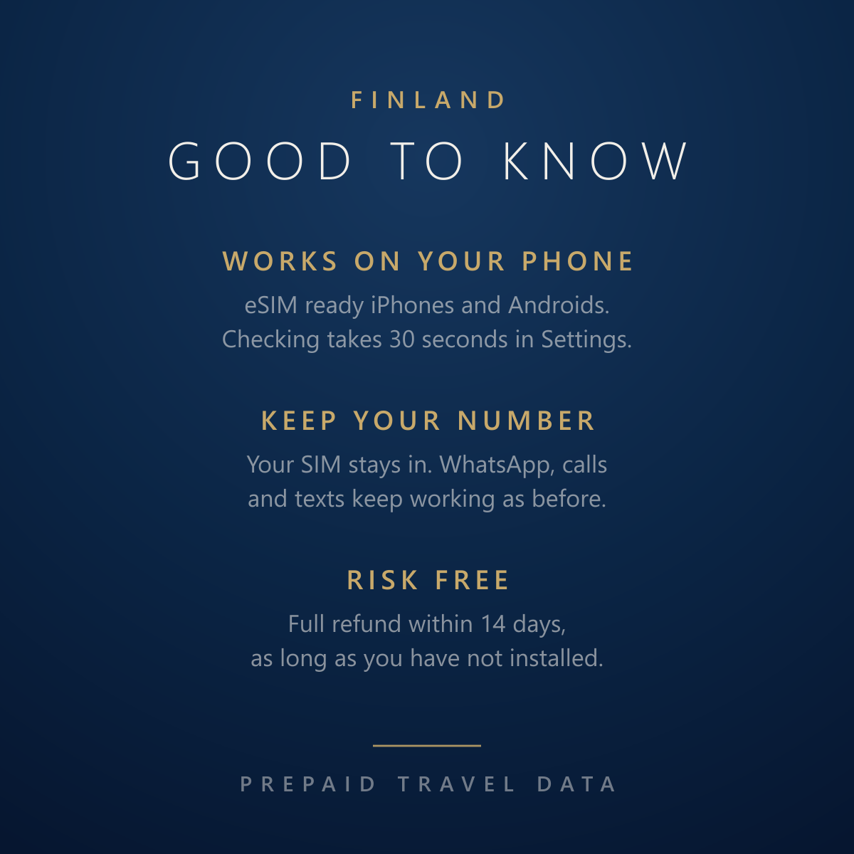 Finland eSIM, prepaid travel data plan, compatibility and refund info card
