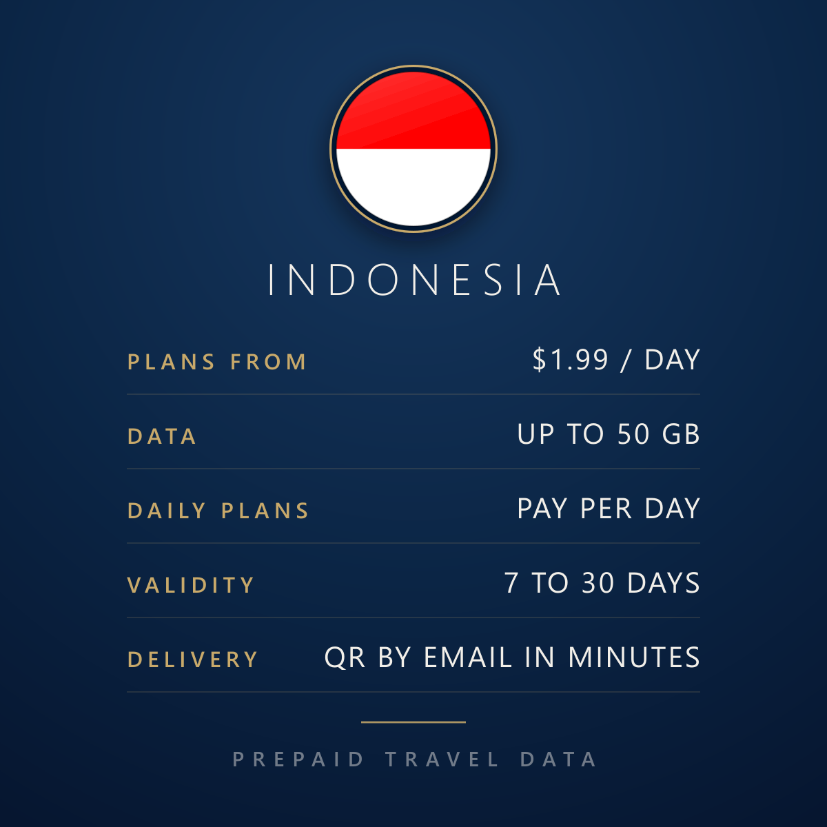 Indonesia eSIM, prepaid travel data plan, plan facts info card