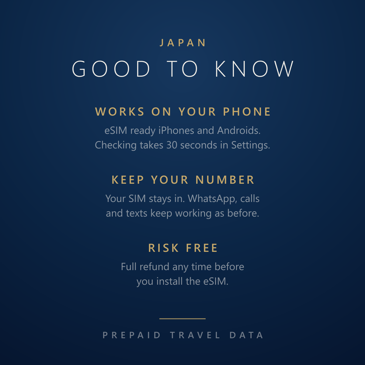 Japan eSIM, prepaid travel data plan, compatibility and refund r2 info card