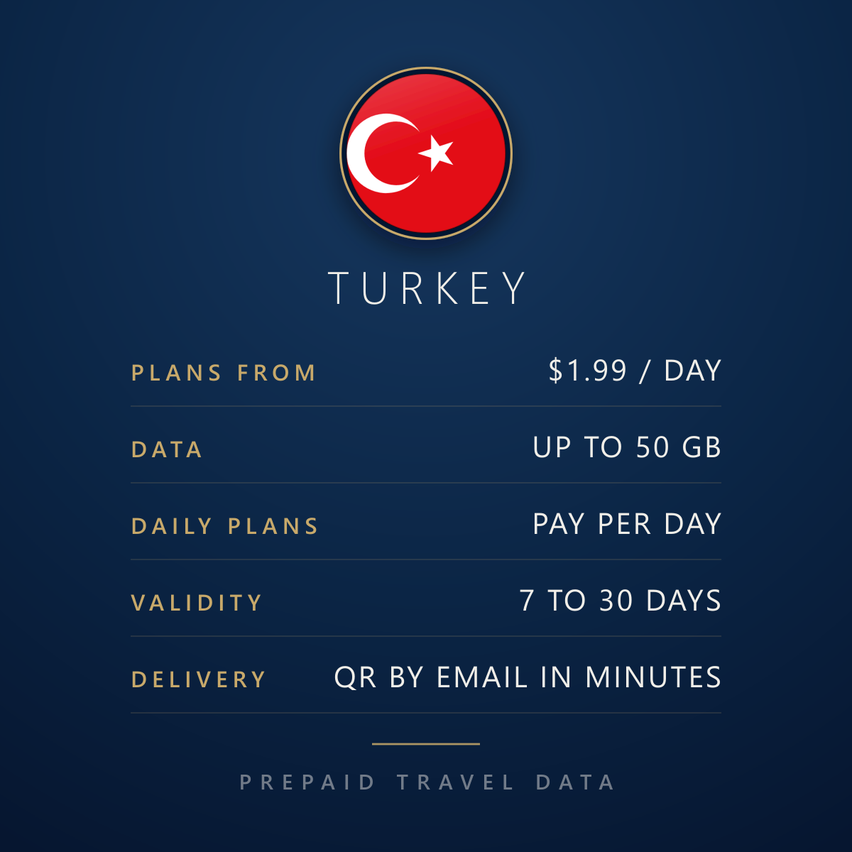 Turkey eSIM, prepaid travel data plan, plan facts info card